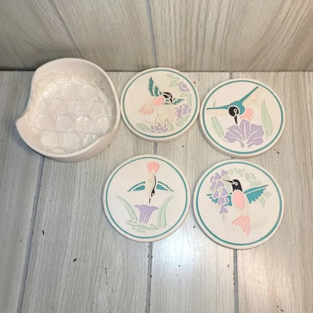 Vtg Southwestern Hummingbird Ceramic Coaster Set Of 4 NWOT Coastal Boho